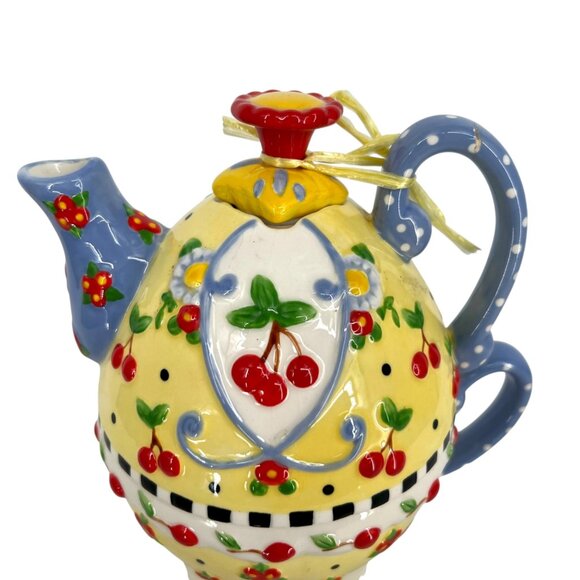 Mary Engelbreit Ceramic Cherry Teapot Tea for One Yellow Blue Rare - Picture 3 of 15